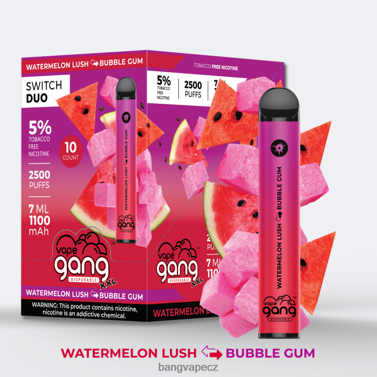 VNBN649 Vape Gang Switch Duo 2 příchutě (balení po 10 ks) meloun lush - žvýkačka | Bang Disposable Vape Review